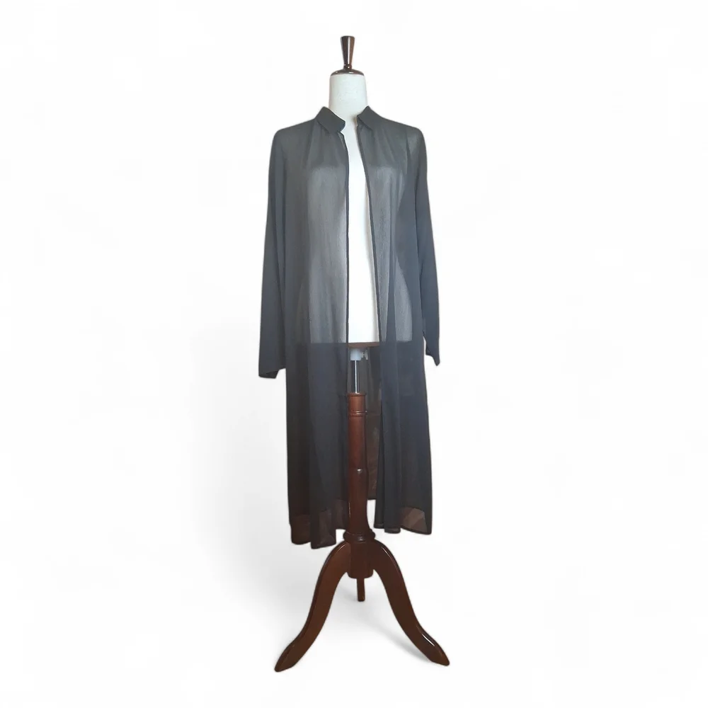 Eileen Fisher Wmn Sheer Silk Black Georgette Classic Collar Open Long Shirt S/P - Picture 1 of 2